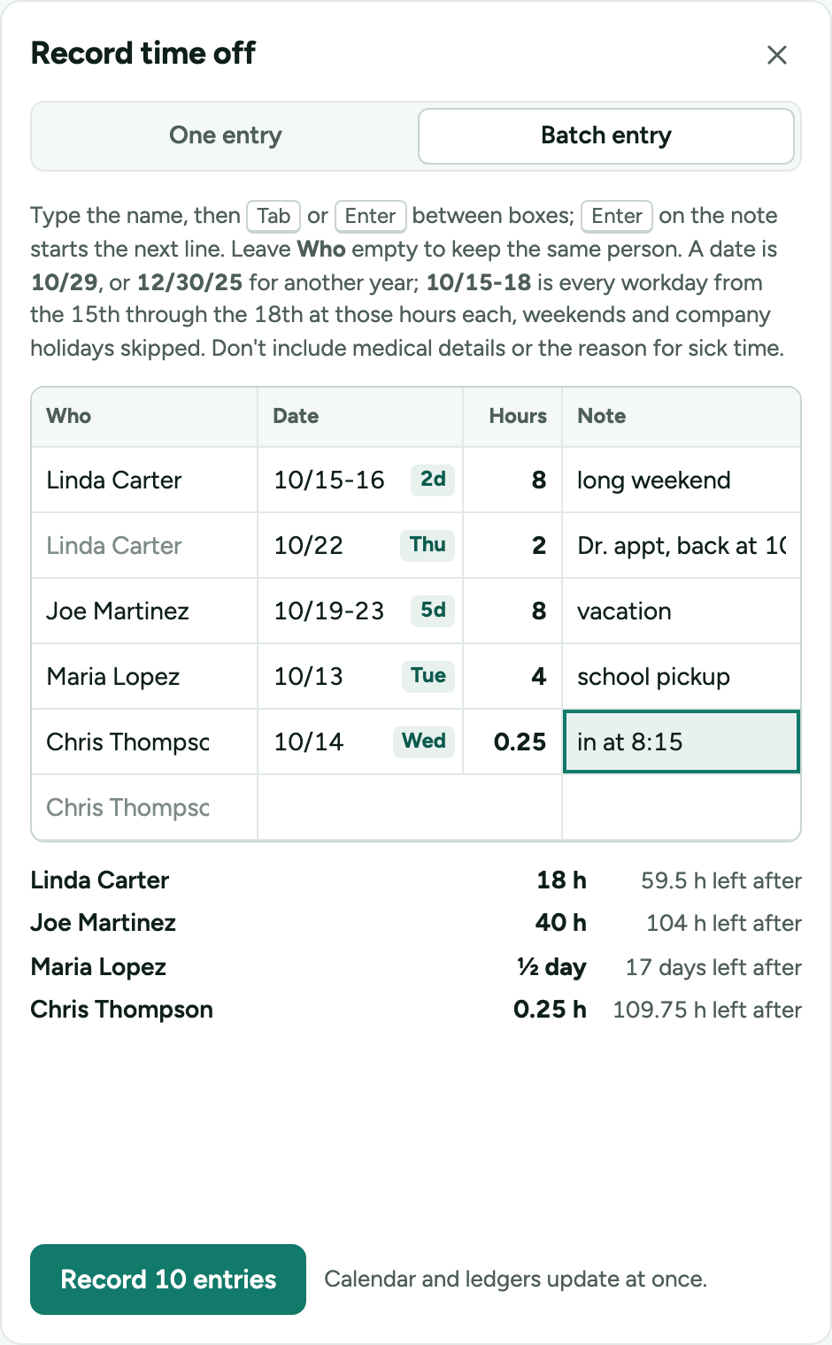 The batch entry grid: a name, a date or a range like 10/15-18, the hours, a note, with a running total per person