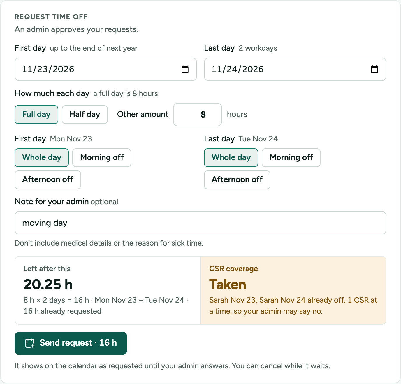 An employee's time-off request in a web browser: the first and last day picked, and the balance after and the coverage shown before sending